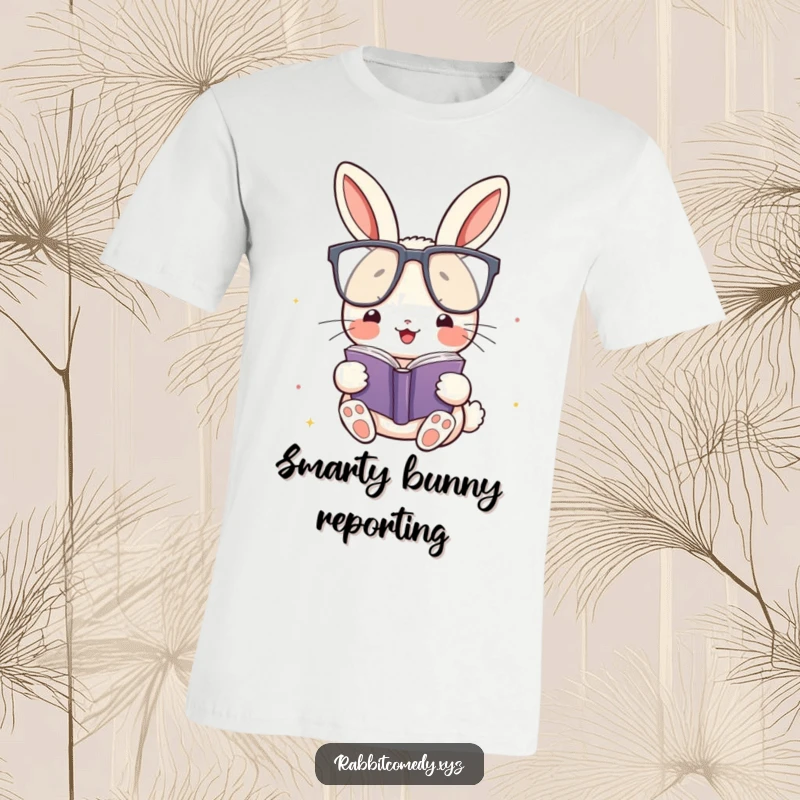 Funny T-Shirt: A happy kawaii rabbit with big glasses reads a small book, showcasing a humorous and studious personality.