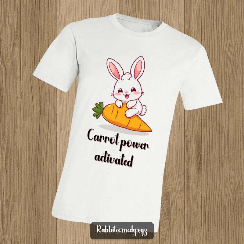Funny T-Shirt: A fluffy, kawaii rabbit character joyfully hops over a giant carrot, celebrating cuteness and humor, great for a funny gift.