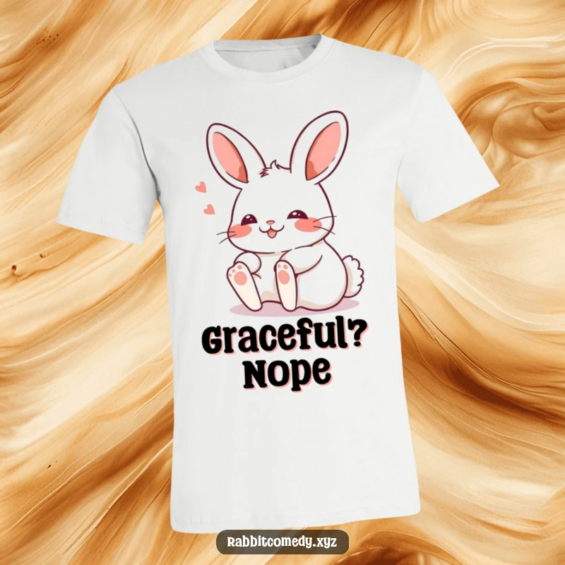 Funny Kawaii rabbit tripping comically with a blush on a graphic T-shirt, capturing a moment of adorable clumsiness.