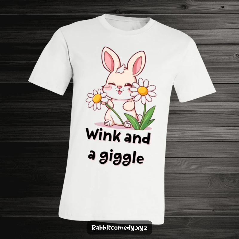 Funny t-shirt depicting a mischievous rabbit winking from behind a laughing daisy, capturing a moment of playful conspiracy.