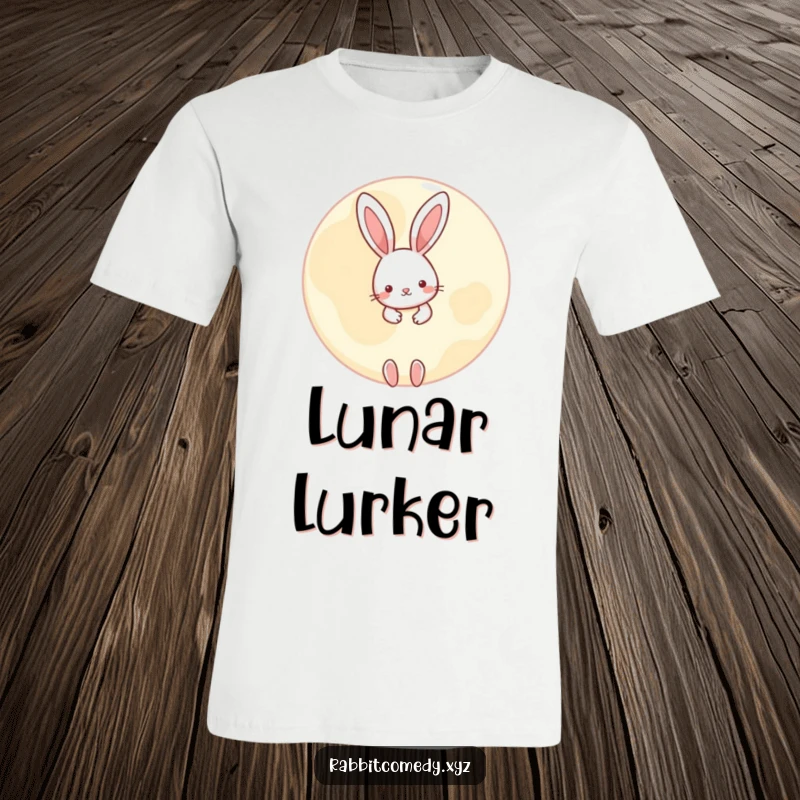 Funny little rabbit t-shirt, peeking playfully from behind a large, round moon, evoking charm and a sense of playful secrecy.