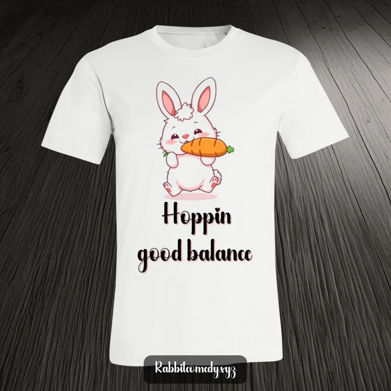 Funny t-shirt featuring a fluffy rabbit character comically bouncing a massive carrot on its nose, perfect for spreading cheer and amusement.
