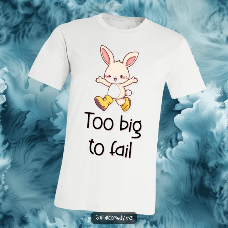 Funny t-shirt with a happy rabbit wearing comically oversized boots, skipping with pure delight, capturing a moment of uninhibited joy.