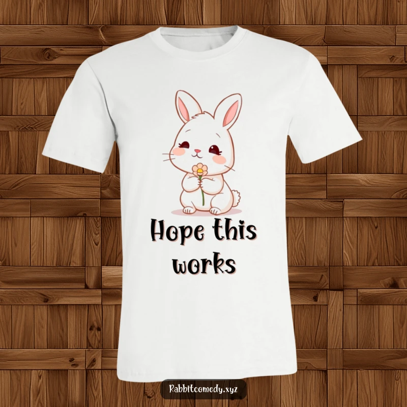 Funny rabbit in a t-shirt, blushing shyly while offering a flower, a tender and funny gift.