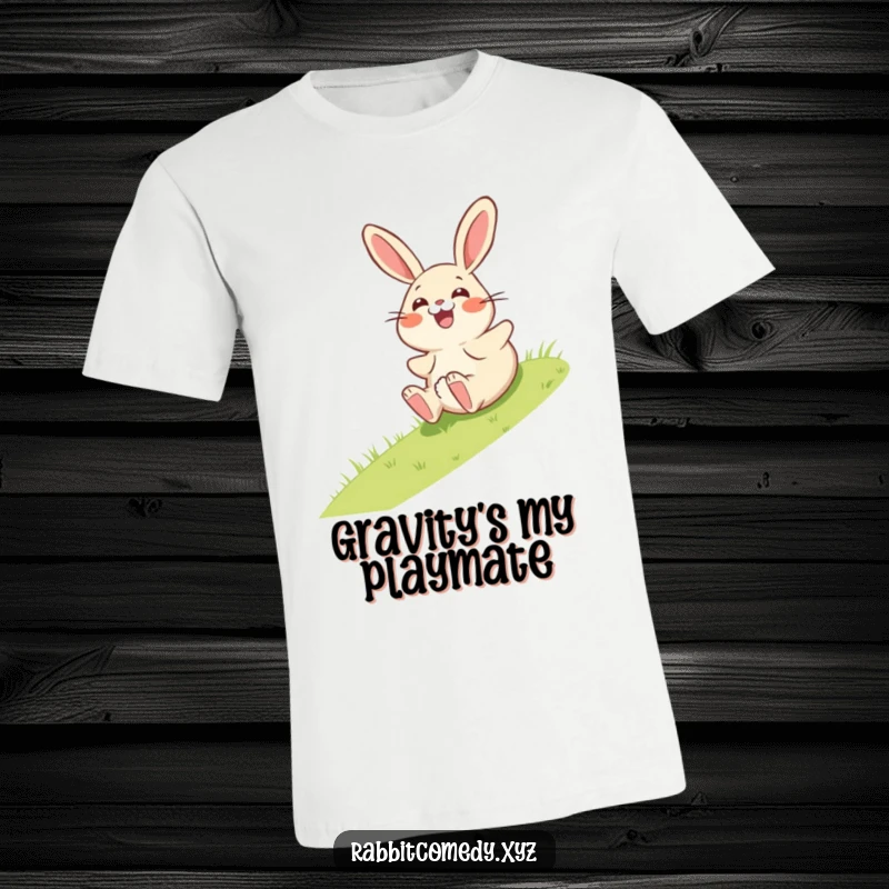 Funny t-shirt showing a giggling rabbit character comically rolling down a grassy hill, looking hilariously surprised.