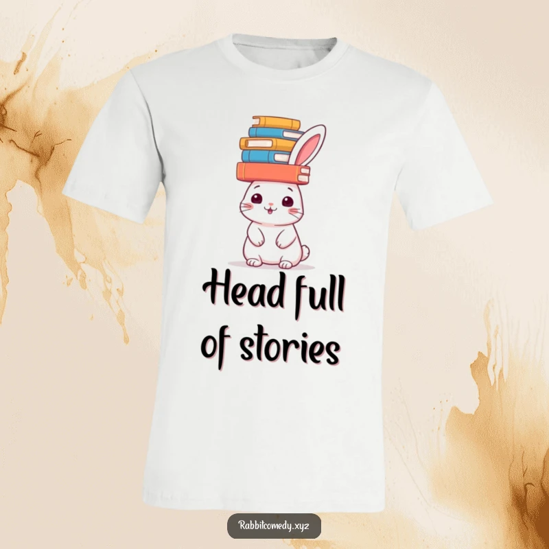 Funny rabbit in a t-shirt, cheerfully balancing a stack of books on its head, a smart and funny gift.