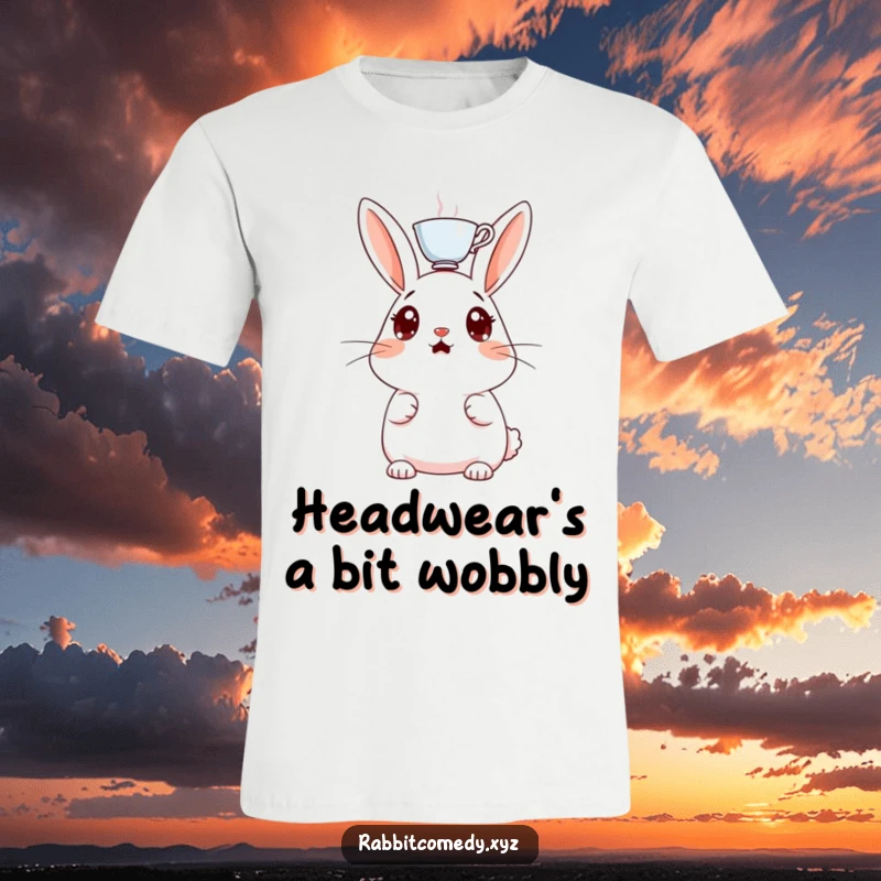 Funny rabbit t-shirt, eyes wide with shock, a small teacup precariously balanced on its head, conveying pure comical surprise.