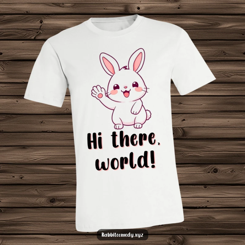 Funny Kawaii rabbit enthusiastically waving its paw with a huge smile, conveying pure joy on this t-shirt.