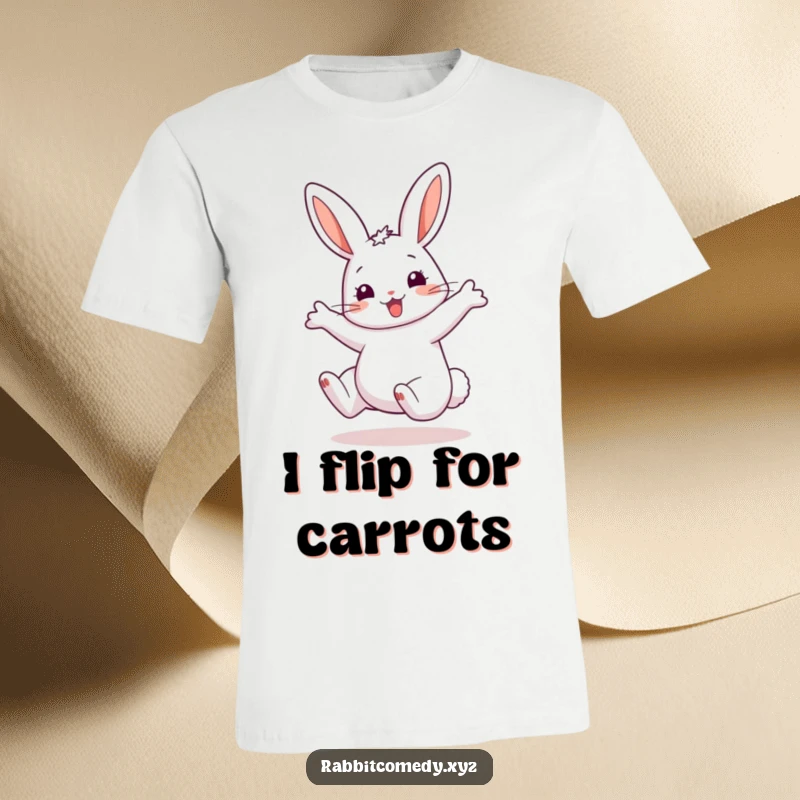 Funny T-Shirt with a happy rabbit performing an energetic cartwheel, featuring comically large, exaggerated ears, a symbol of joyful silliness.
