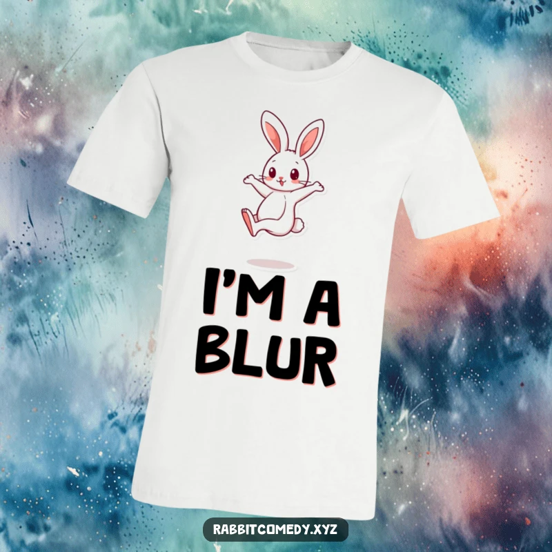 Funny cartoon rabbit character balancing on one leg, spinning quickly on a humorous t-shirt, great for fun.