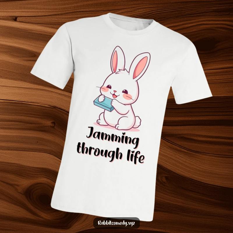 Funny Kawaii rabbit with a happy expression playing a miniature harmonica, printed on a comfortable T-shirt.