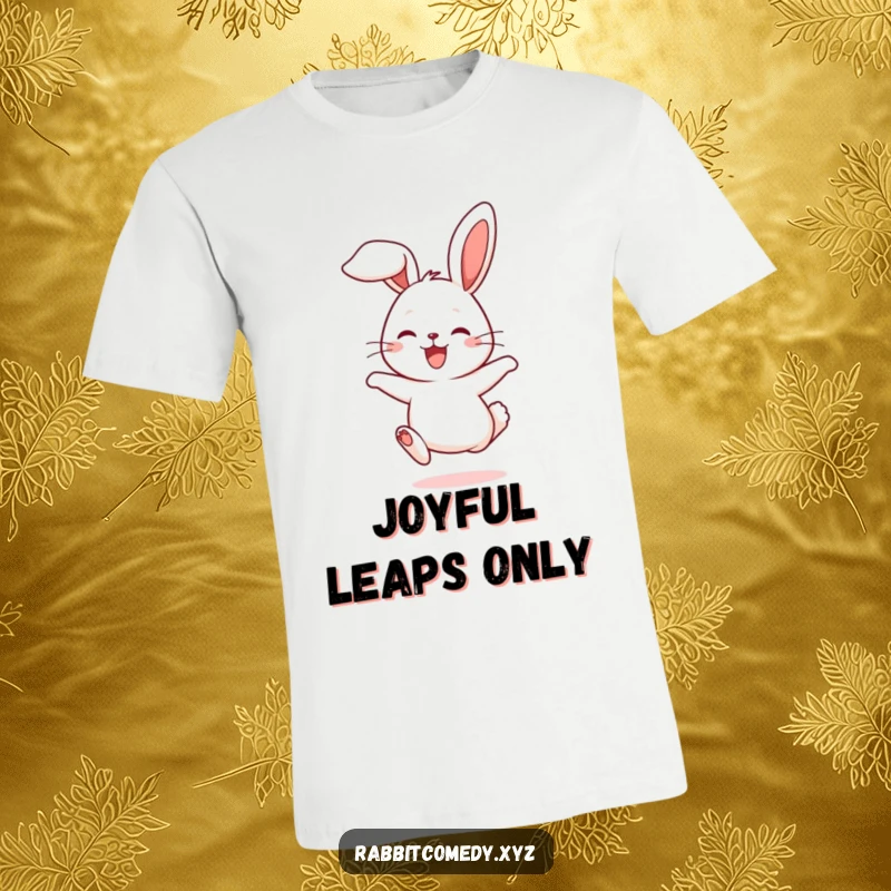 Funny t-shirt showing a cute rabbit character in mid-hop, ears flopping with pure joy and energy.