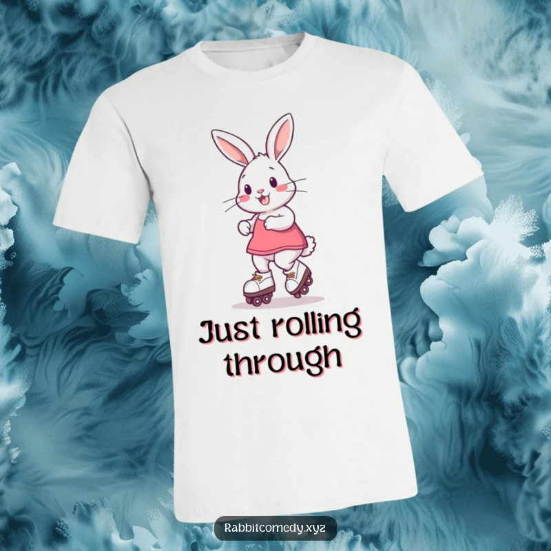 Funny T-Shirt featuring a playful rabbit on roller skates, captured mid-spin with a happy expression, ideal for casual humor.