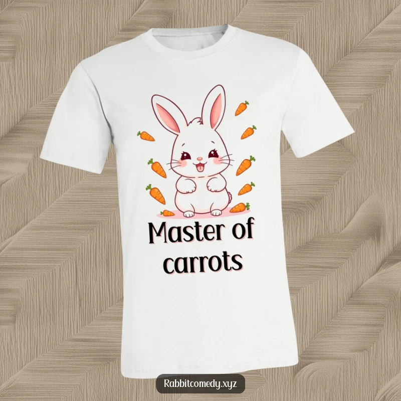 Funny kawaii rabbit with a mischievous grin, juggling tiny carrots with skill, perfect for a fun and playful t-shirt.