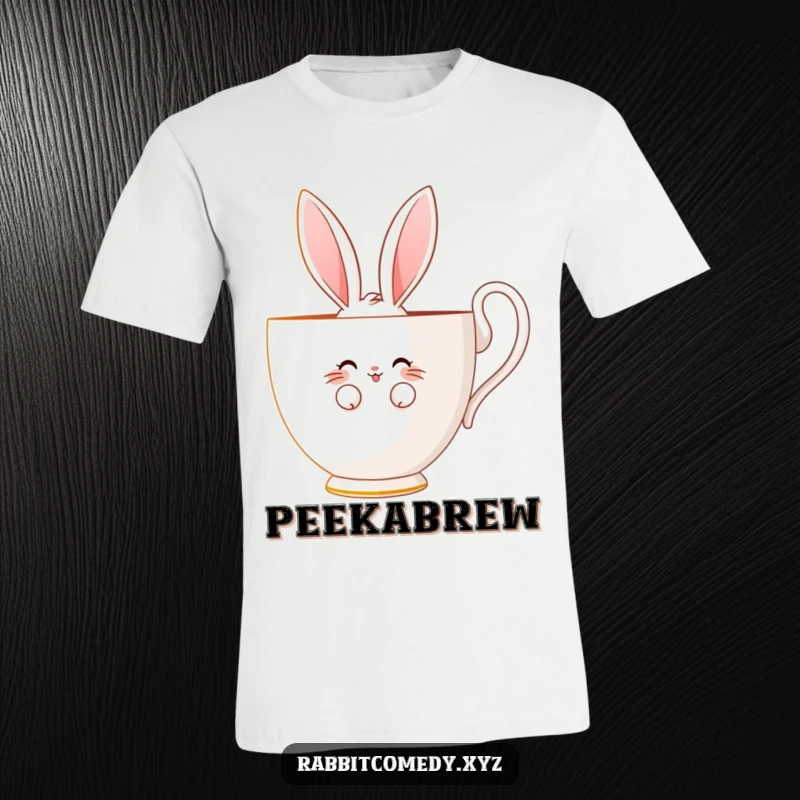 Funny t-shirt featuring a shy rabbit character peeking bashfully from behind a giant teacup, with a sweet, subtle smile.