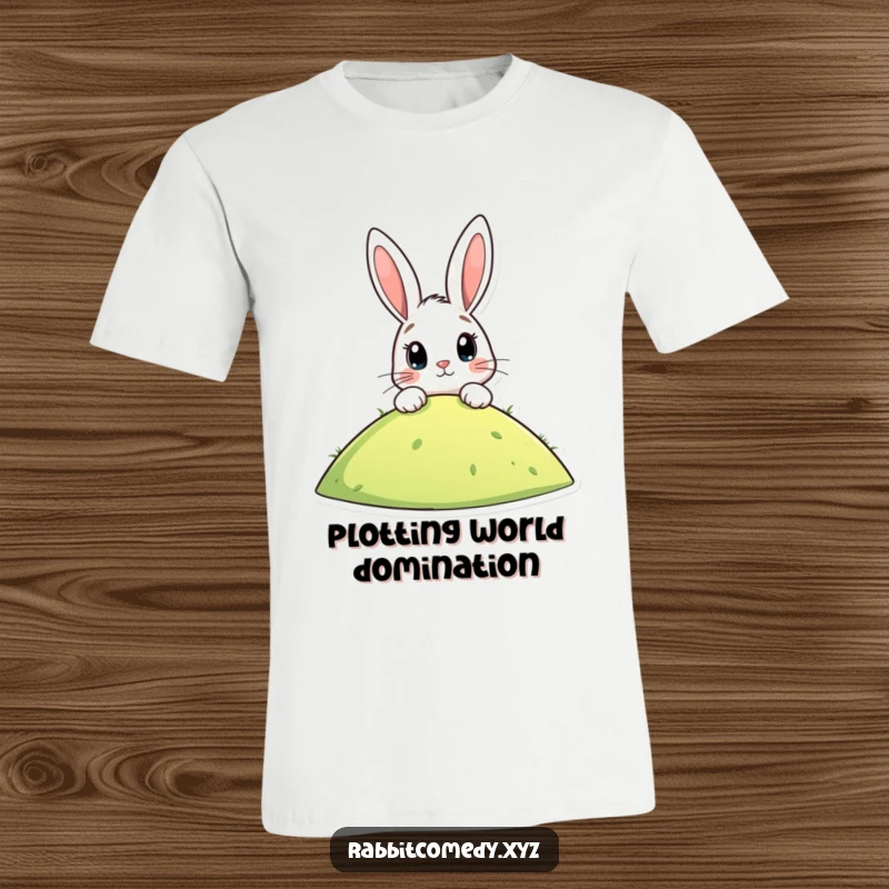Funny t-shirt with a stylized rabbit peeking over a hill, eyes wide with anticipation, a delightful graphic for a humorous gift.