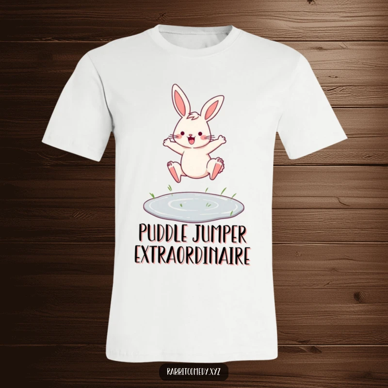 Funny t-shirt depicting a determined rabbit making a stylish leap over a small puddle, showcasing energy and resolve.