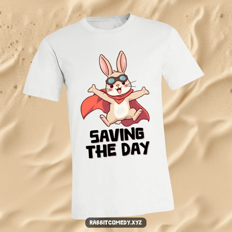 Funny rabbit in a t-shirt, cape billowing, leaping heroically into action, a powerful and funny gift.
