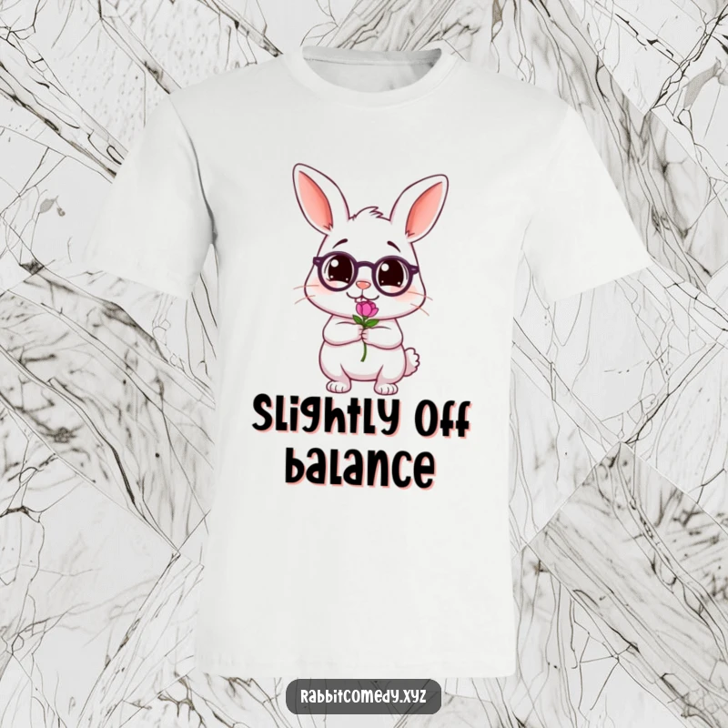 Funny t-shirt with a tipsy, wobbling rabbit character holding a delicate tiny flower, capturing pure animated joy and a touch of mischief.