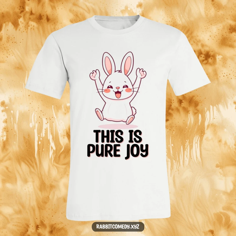 Funny Kawaii rabbit performing an energetic, silly hop with arms raised high, full of infectious delight on this tee.