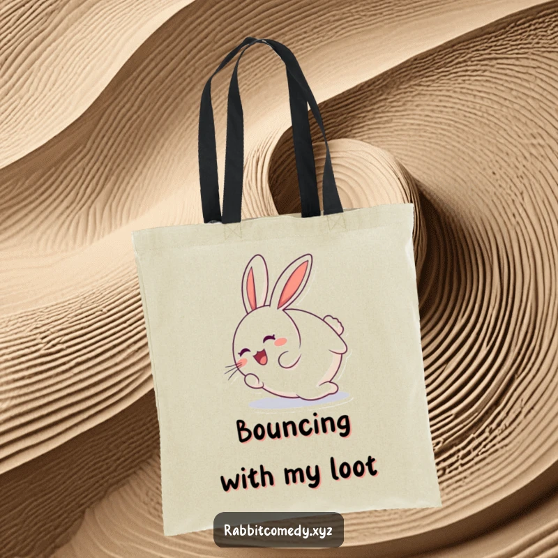Funny round rabbit character joyfully tumbling end over end on a humorous tote bag, perfect for shopping.
