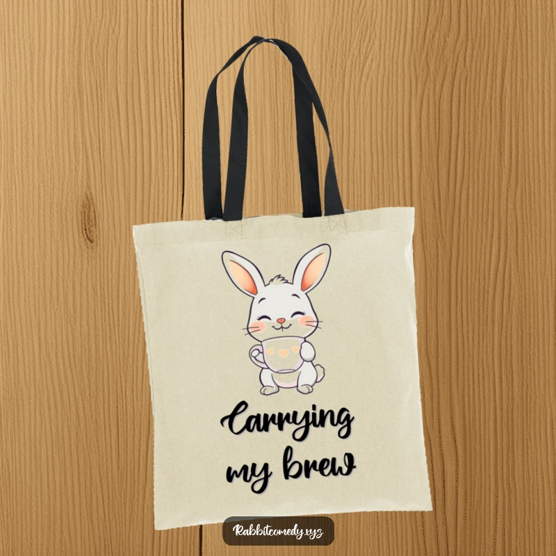 Funny smiling rabbit tote bag, balancing a teacup on its nose, chic and practical with a humorous design.