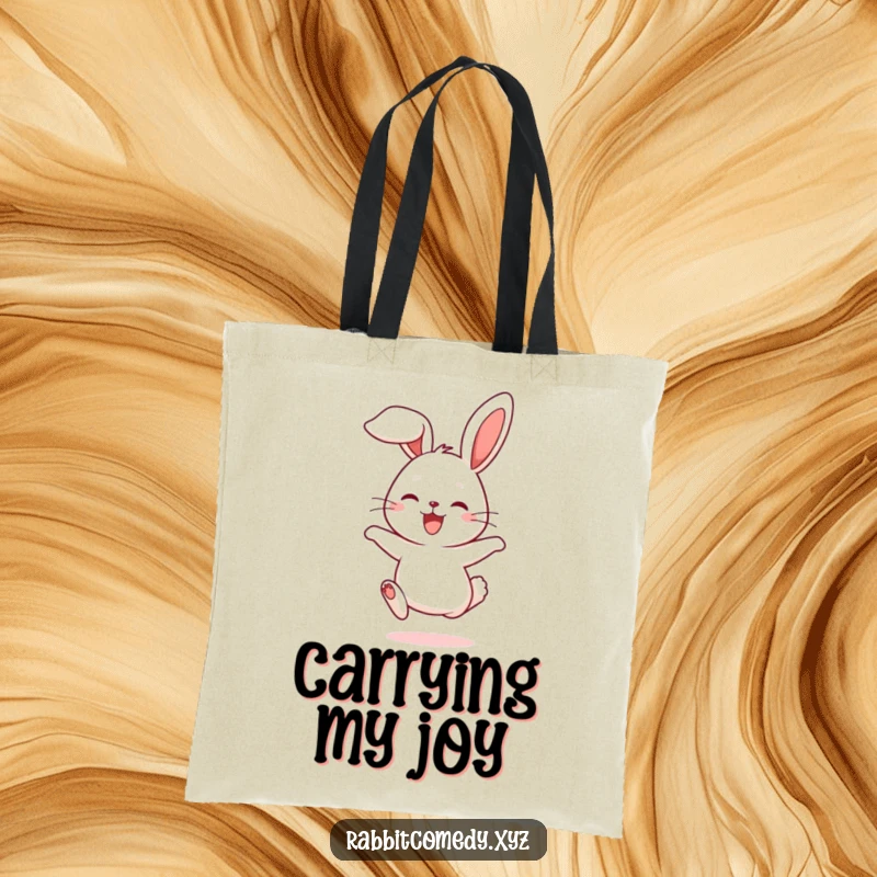 Funny tote bag with a cute rabbit character hopping joyfully, ears flopping, ready to carry your items.