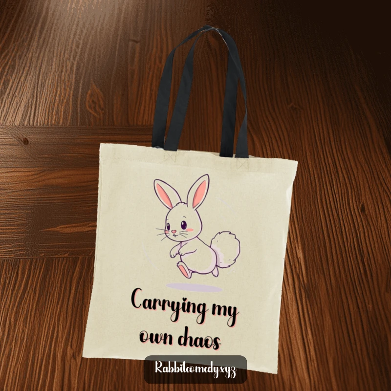 Funny tote bag with a playful rabbit chasing its fluffy tail in a dizzying circle, perfect for carrying essentials with a burst of whimsical energy.