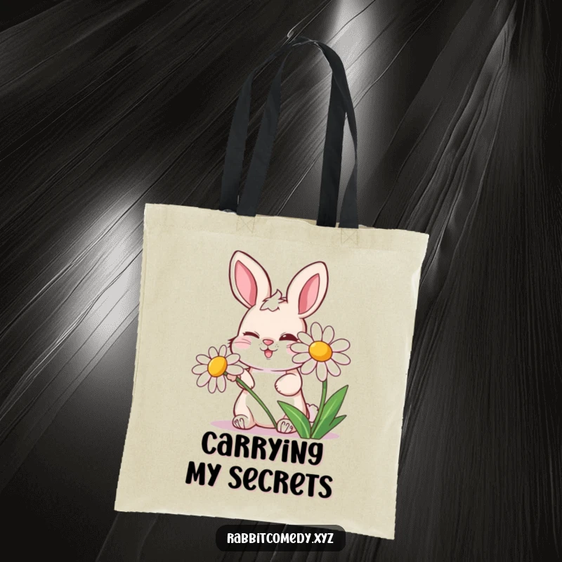Funny tote bag showing a mischievous rabbit winking behind a laughing daisy, perfect for carrying essentials with flair.