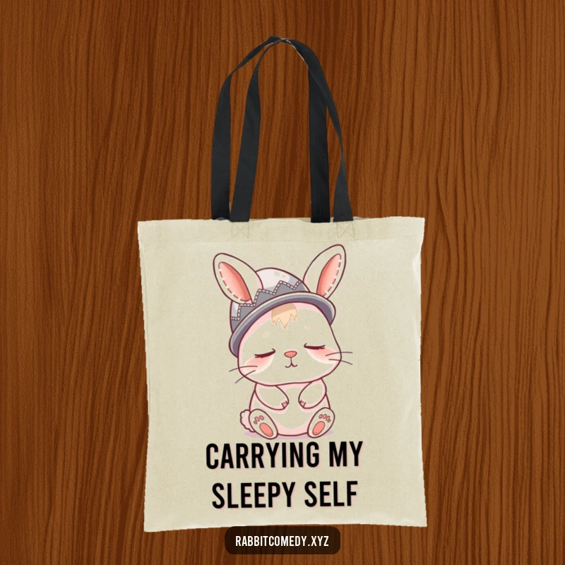 Funny tote bag showing a sleepy rabbit wearing a thimble as a hat, perfect for carrying essentials comfortably.