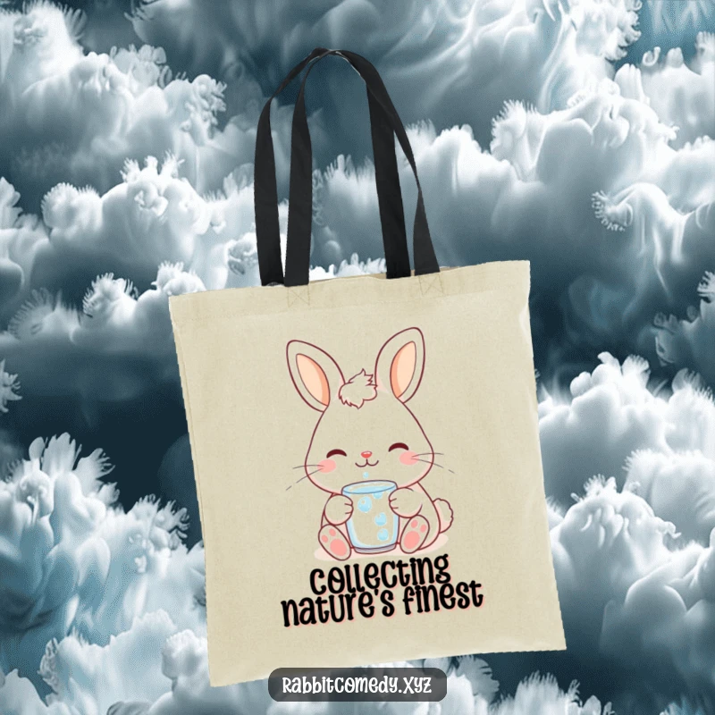 Funny cute kawaii rabbit tote bag, showing a content bunny smiling while drinking a dewdrop, perfect for carrying items peacefully.