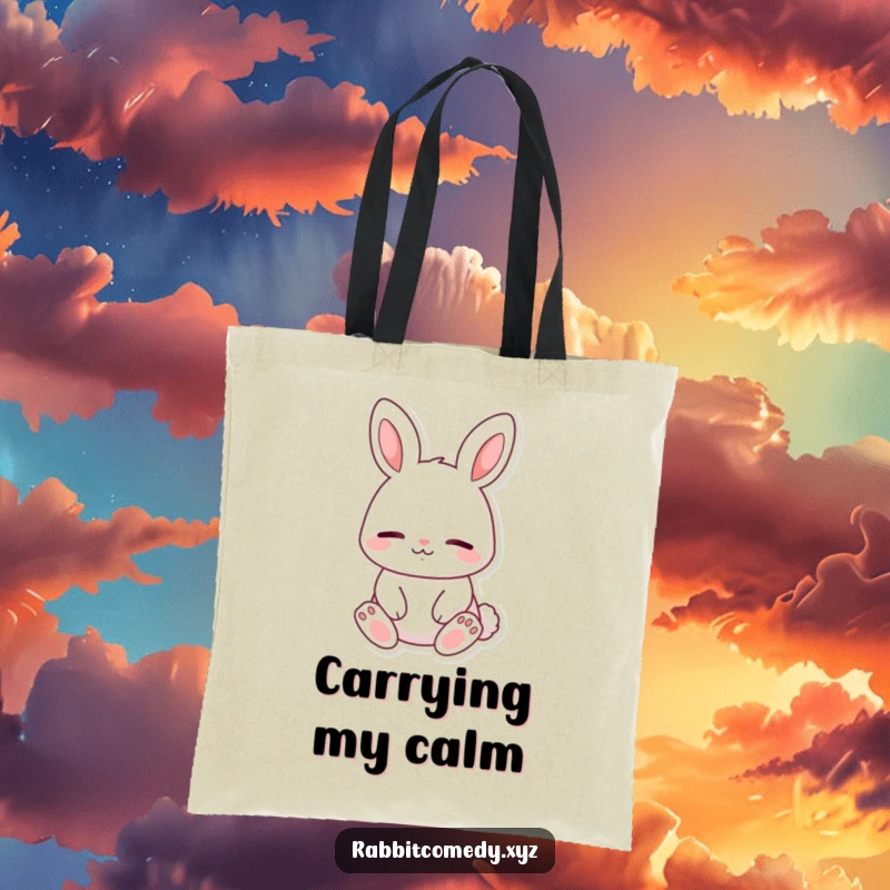 Funny tote bag with a content rabbit character sitting peacefully, eyes closed and a calm smile, exuding tranquility.