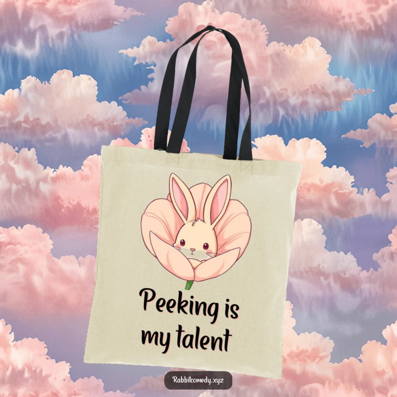 Funny tote bag showing a curious rabbit peeking from a flower bud, perfect for market trips or carrying books.