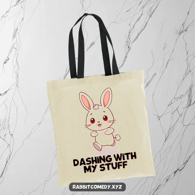 Funny happy rabbit character dashing forward, leaving a puff of dust on a humorous tote bag, perfect for shopping.