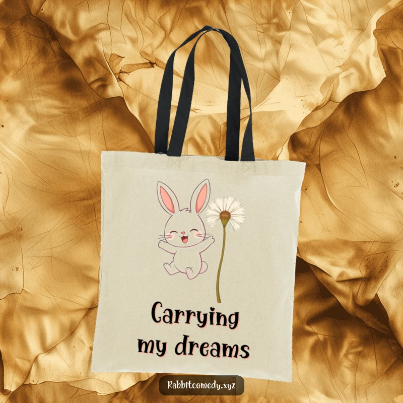 Funny tote bag featuring a determined rabbit character attempting flight using giant dandelion seeds, symbolizing bold aspirations.