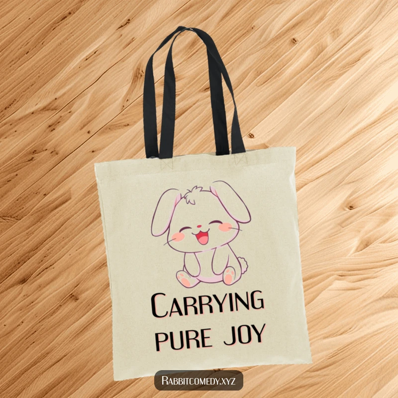 Funny tote bag showcasing a giggling rabbit character with its ears flopped over, rolling with laughter, perfect for carrying items with a smile.