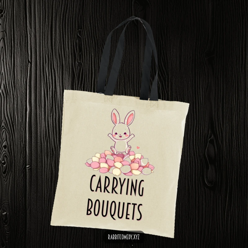 Funny tote bag designed with a jumping rabbit character landing joyfully in a soft pile of colorful flower petals.
