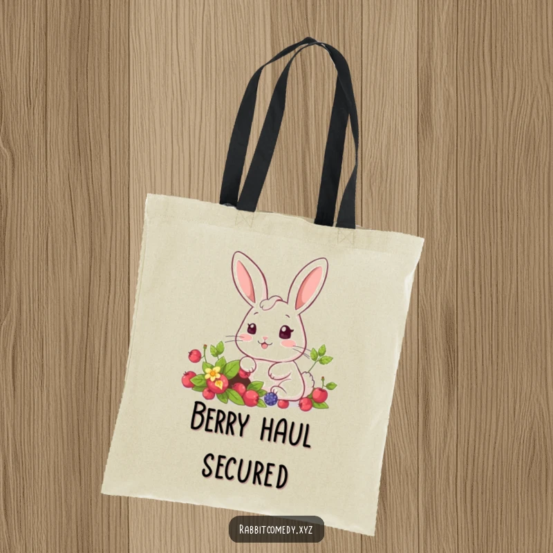 Funny kawaii rabbit with a shocked yet happy face discovering a secret berry patch, perfect for a cute tote bag.