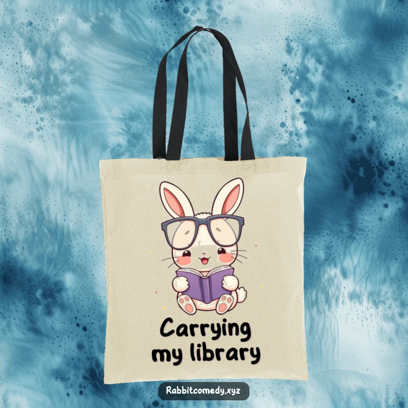 Funny Tote Bag: A kawaii rabbit with big glasses reads a tiny book, making it a humorous and practical accessory for book lovers.