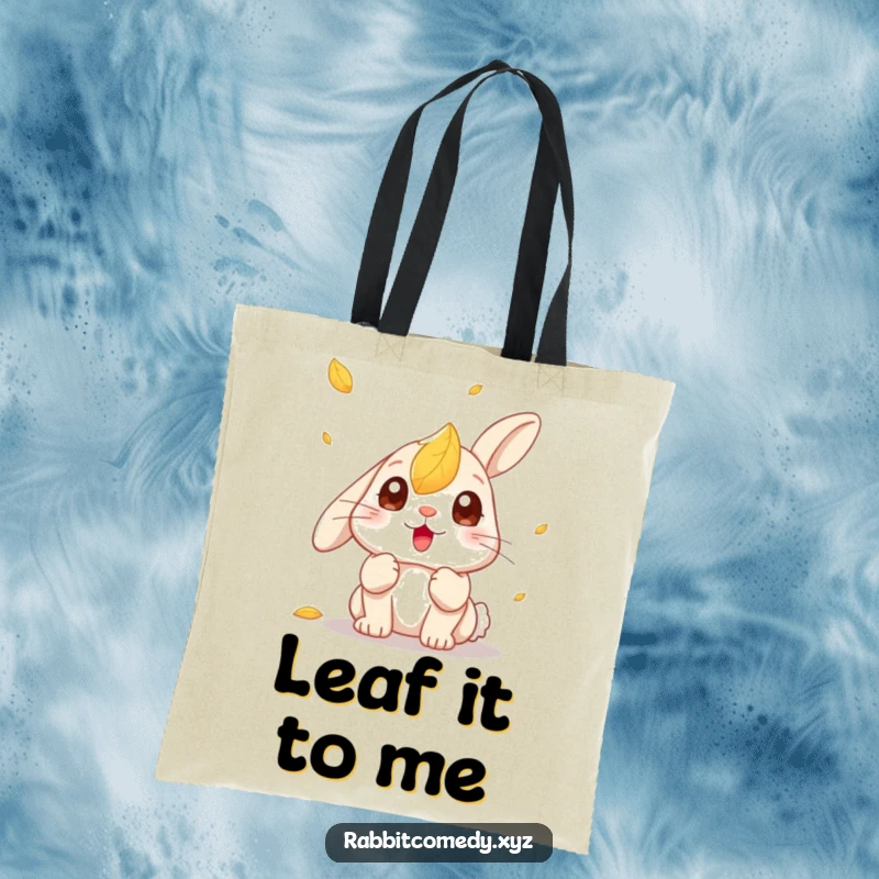 Funny Kawaii Rabbit Tote Bag: Cute tote showcasing wide-eyed rabbit surprised by a single leaf drifting down.