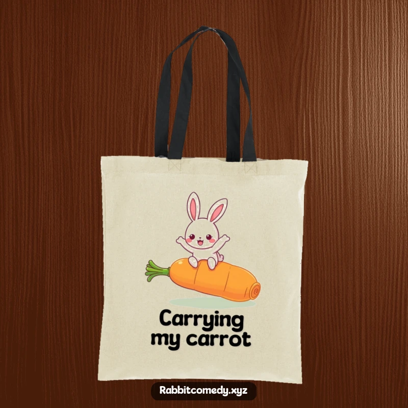 Funny Kaw Kawaii Rabbit Tote Bag: Whimsical character joyfully leaping over a huge carrot, stylish and practical.