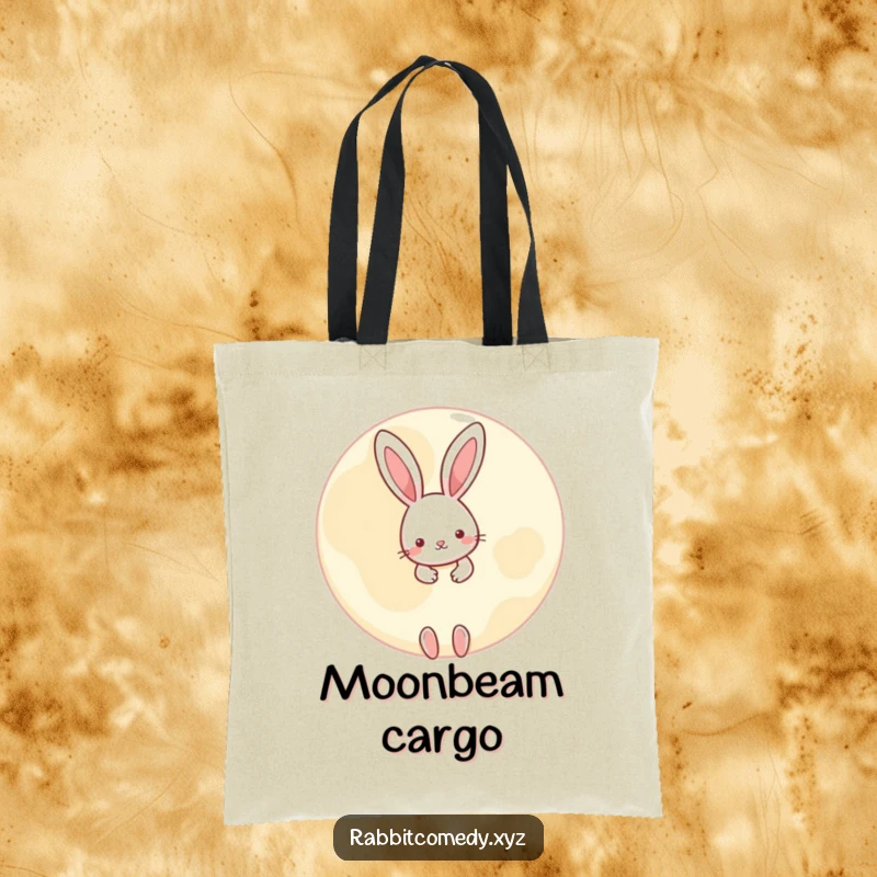 Funny little rabbit tote bag, peeking playfully from behind a large, round moon, a whimsical and cute accessory for everyday use.