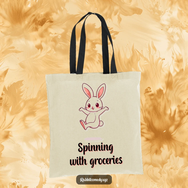 Funny cartoon rabbit character balancing on one leg, spinning quickly on a humorous tote bag, perfect for shopping.