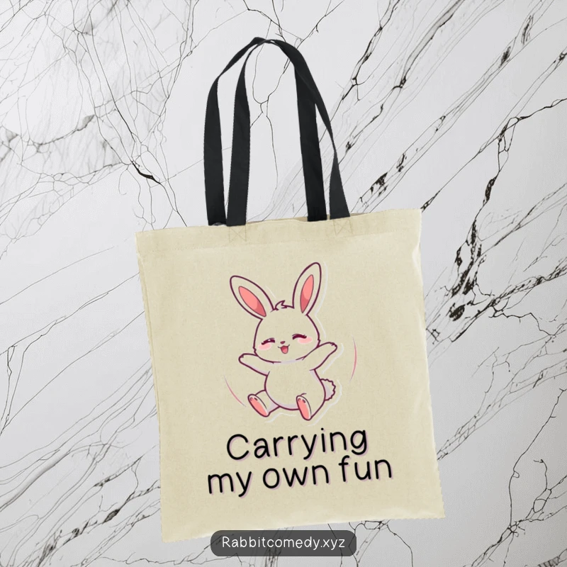Funny Tote Bag showcasing a happy, spinning rabbit character in mid-bounce, perfect for carrying essentials with a smile.