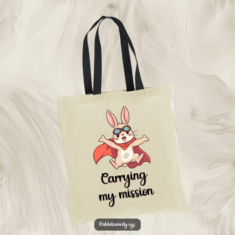 Funny rabbit superhero tote bag, leaping with determination, perfect for carrying gear for any mission.