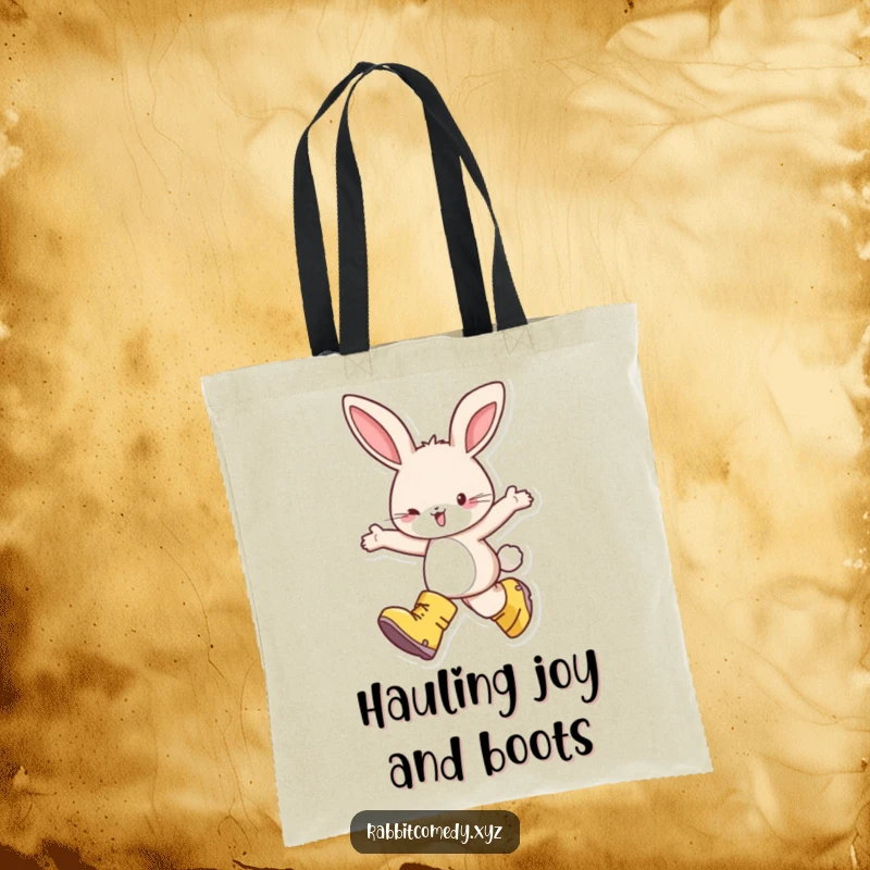 Funny tote bag with a happy rabbit wearing oversized boots, skipping with delight, perfect for carrying essentials with whimsical flair.
