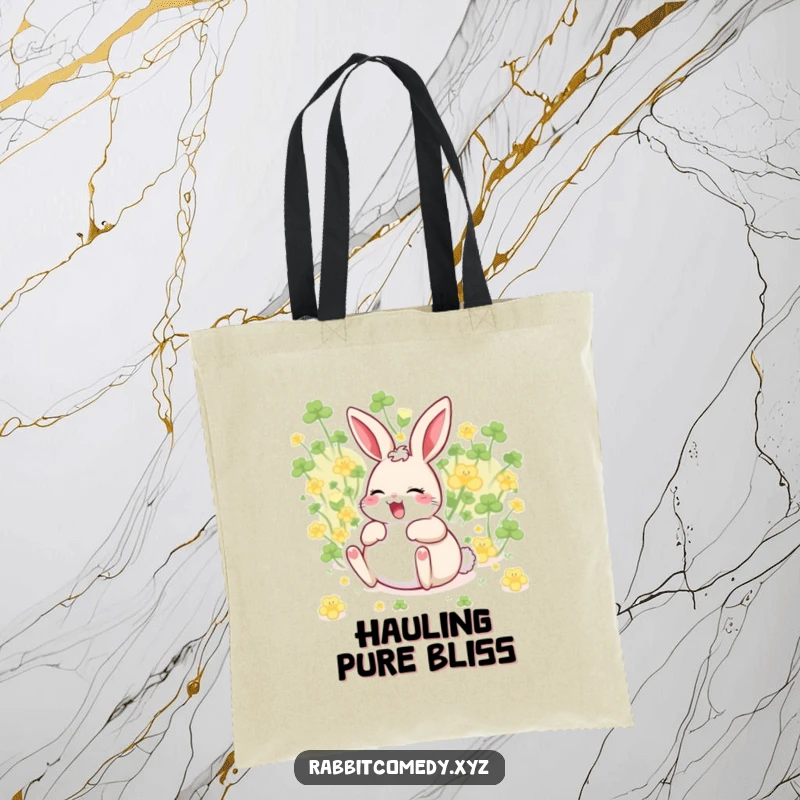 Funny giggling rabbit character, belly up, rolling in clover, humorous tote bag for joy seekers.