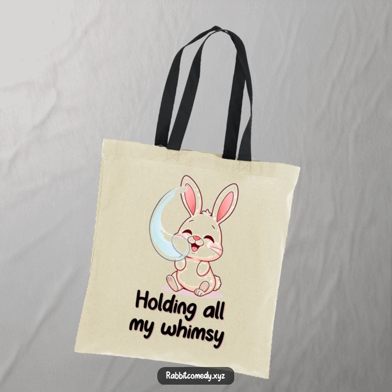 Funny tote bag showing a giggling rabbit blowing a huge bubble with its own face reflected, perfect for carrying items.
