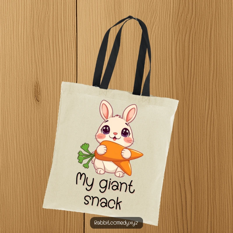 Funny Tote Bag: A spacious bag featuring a rabbit with wide, surprised eyes holding a comically large carrot.